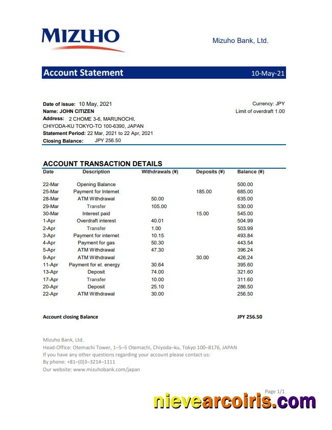 Japan Mizuho bank statement in .xls and .pdf file format